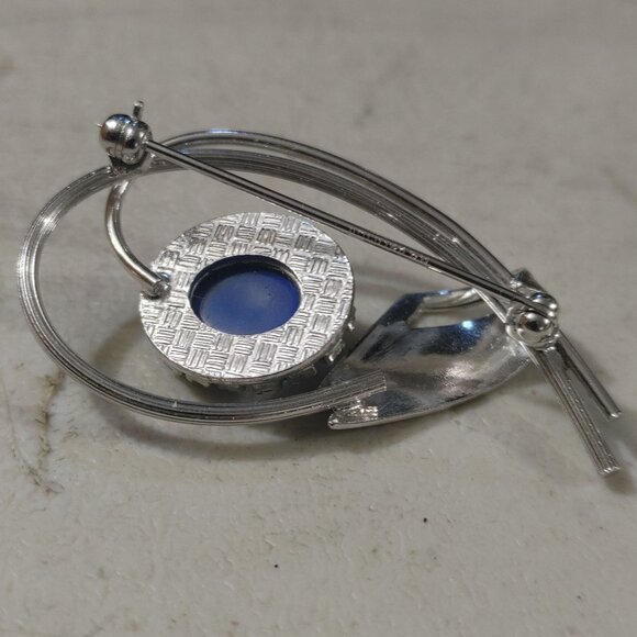 Vintage 14K GF Brooch Blue Star Sapphire Stone Intricate Silver Tone Mid Century - Picture 4 of 6